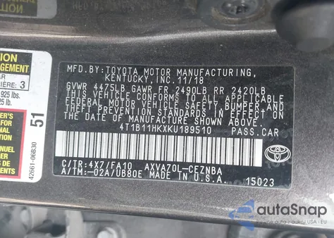 2019 Toyota Camry Le z USA, uszkodzony, nr VIN 4T1B11HKXKU189510